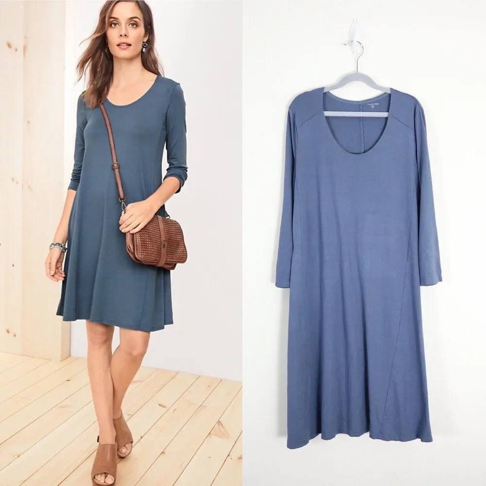 Garnet Hill Size S Scoop Neck Jersey Knit Trapeze Dress 3/4 Sleeve Blue - Picture 1 of 11